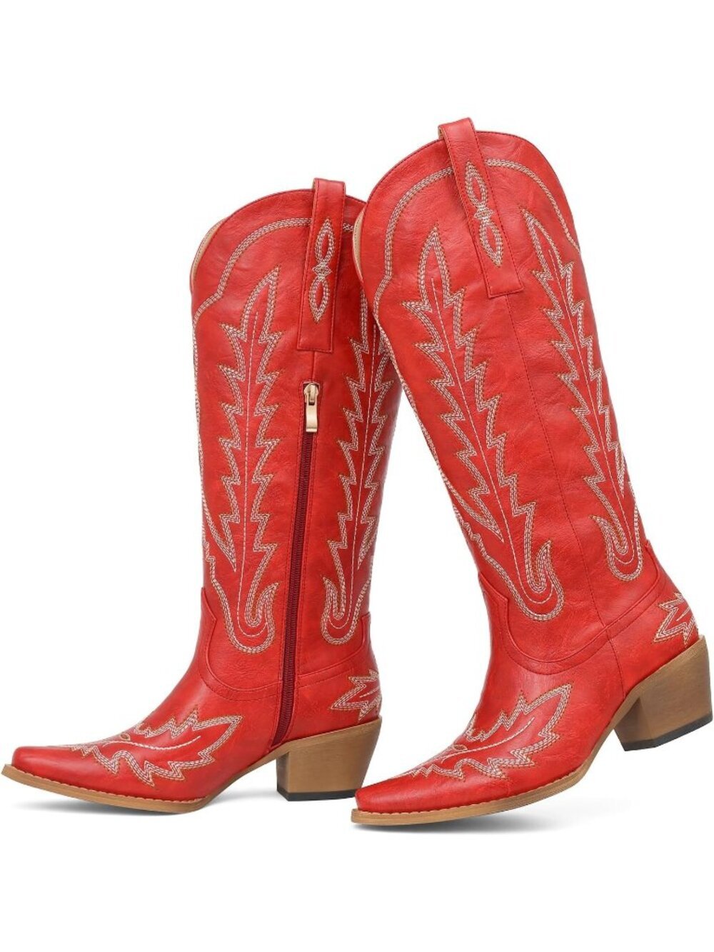 Women's Red Western Cowgirl Knee High Boots Pointed Toe Chunky Heel Leather - Picture 1 of 6